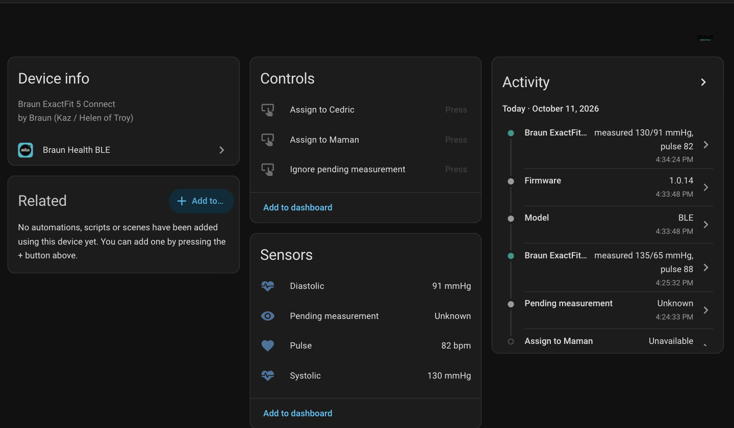 ExactFit 5 Connect device page in Home Assistant with systolic, diastolic and pulse sensors and its activity log