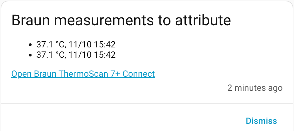 Home Assistant notification listing Braun measurements to attribute