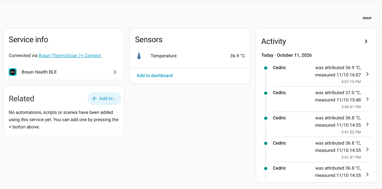 A person's device page with their temperature and an activity log of attributed readings
