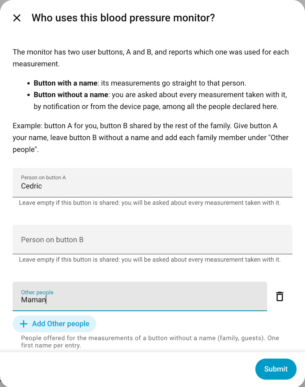 Setup dialog explaining user buttons A and B