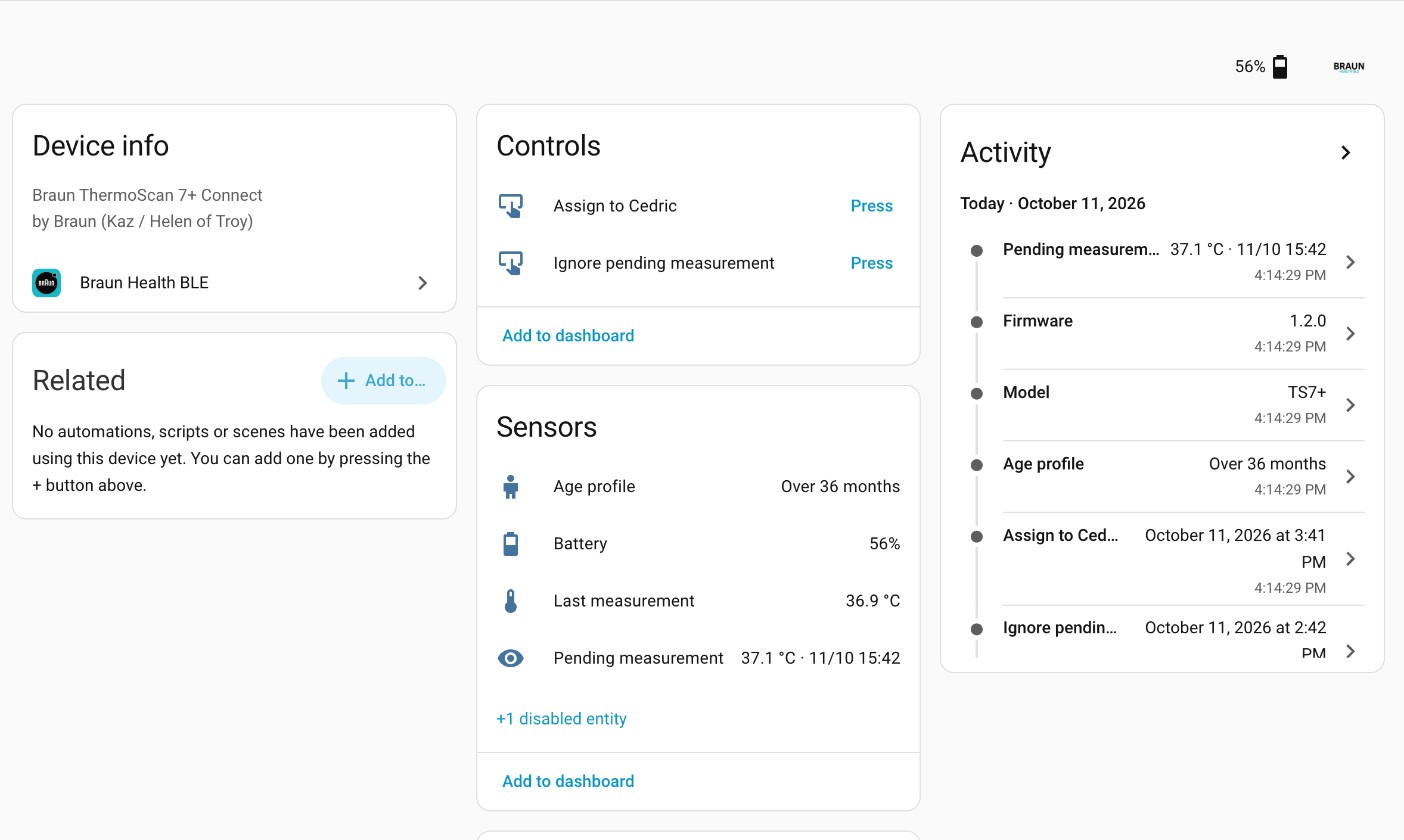 ThermoScan 7+ device page in Home Assistant with last measurement, age profile, battery and pending measurement