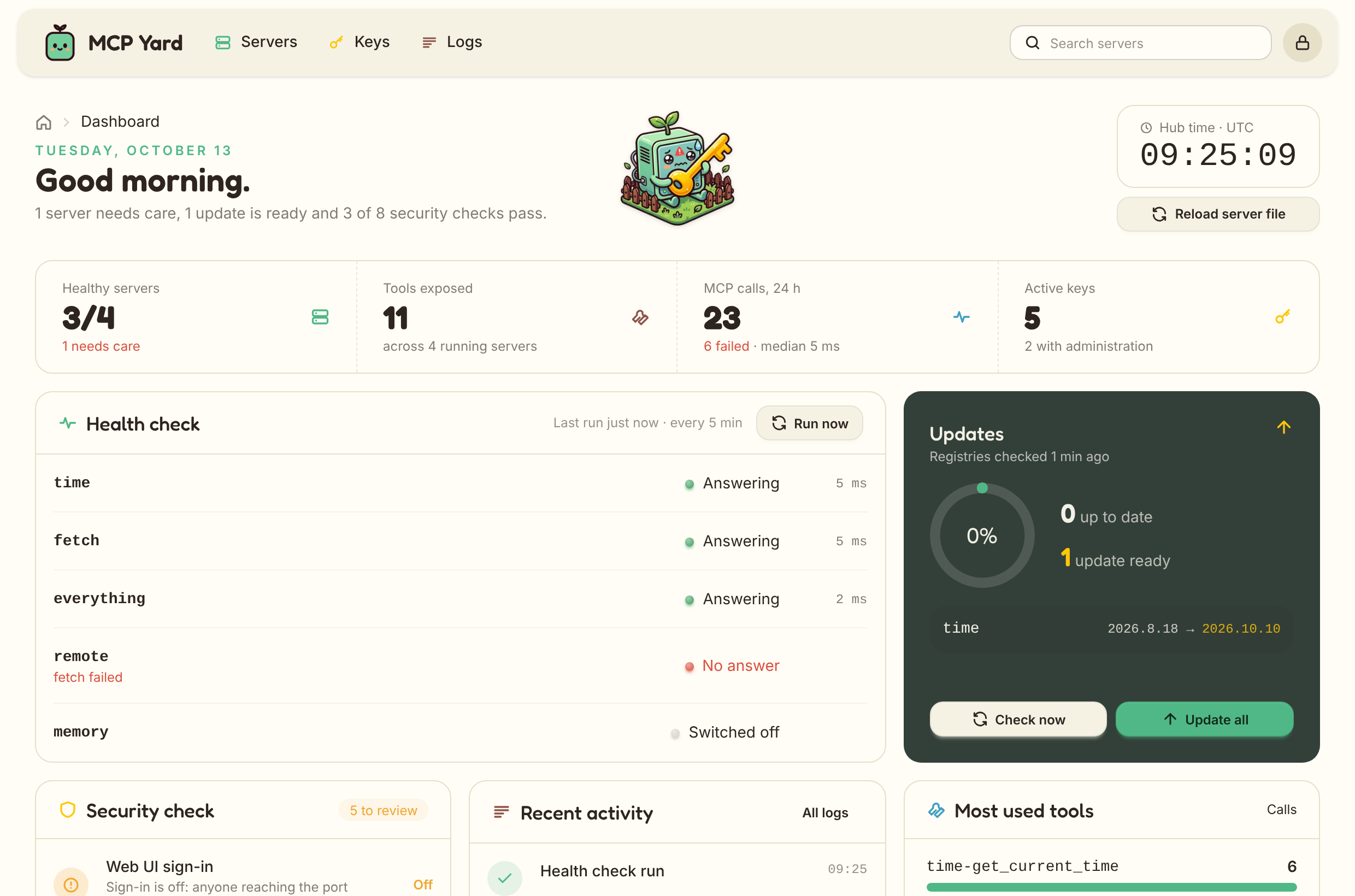 The MCP Yard dashboard: server health, updates and security check