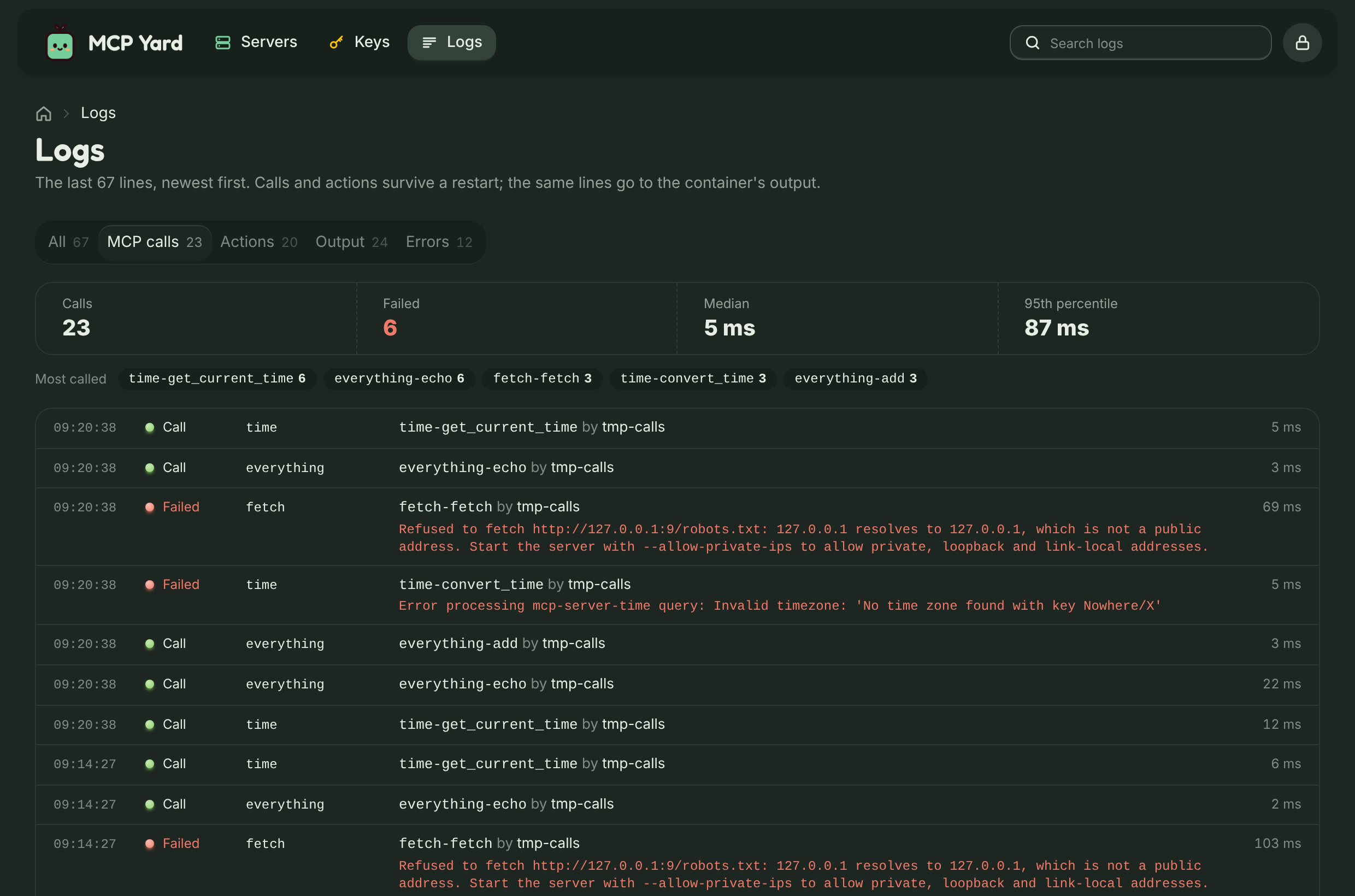 The logs page on the MCP calls tab, with call statistics