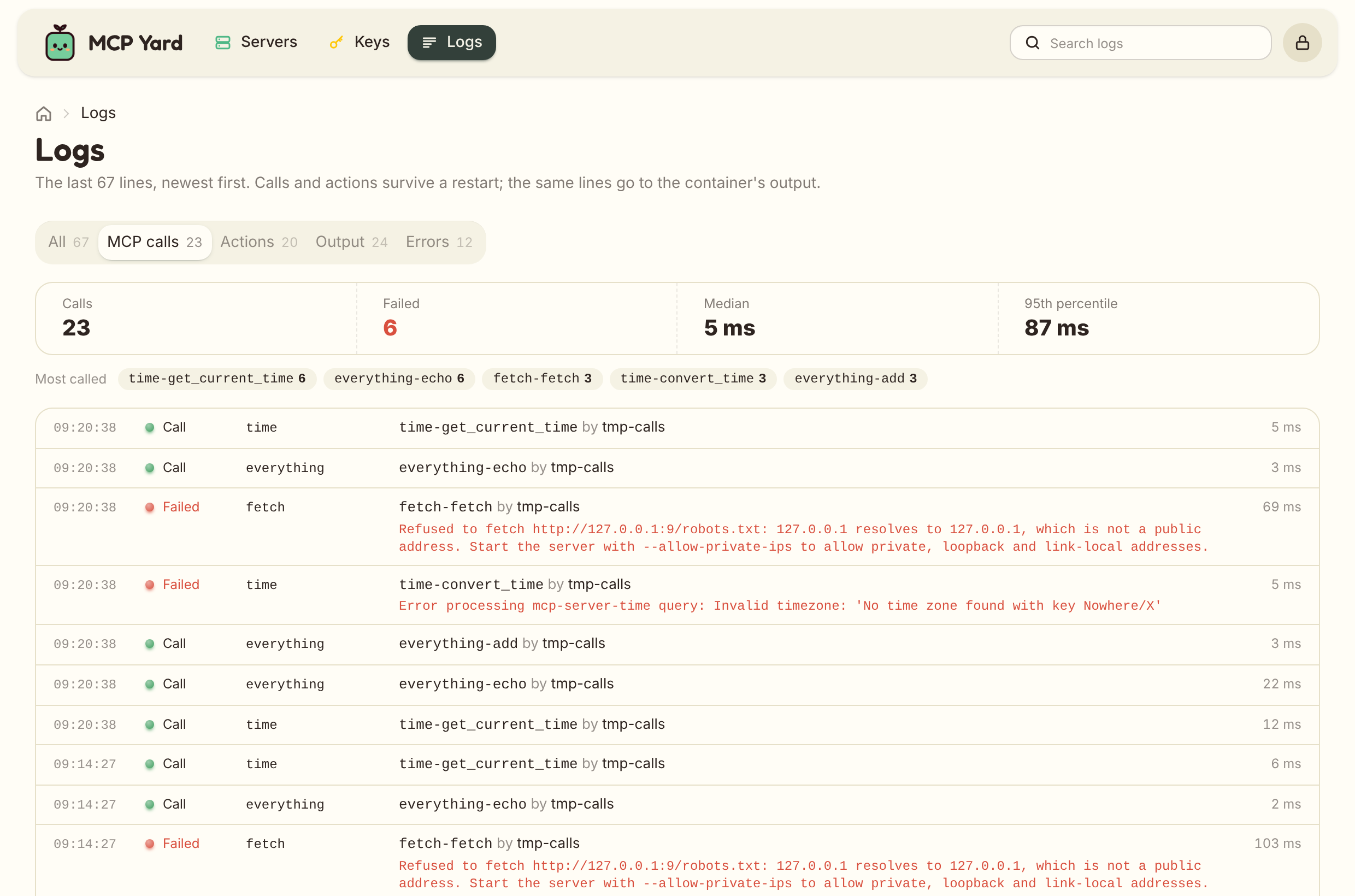 The logs page on the MCP calls tab, with call statistics