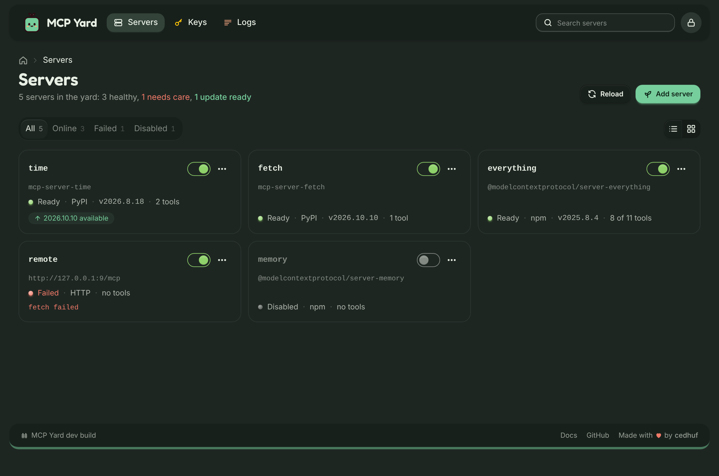 A hub-owned package with an Update button, next to pinned ones