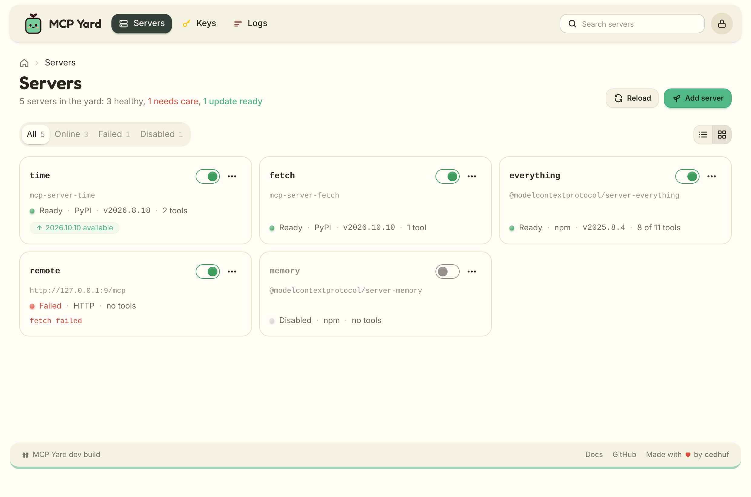 A hub-owned package with an Update button, next to pinned ones