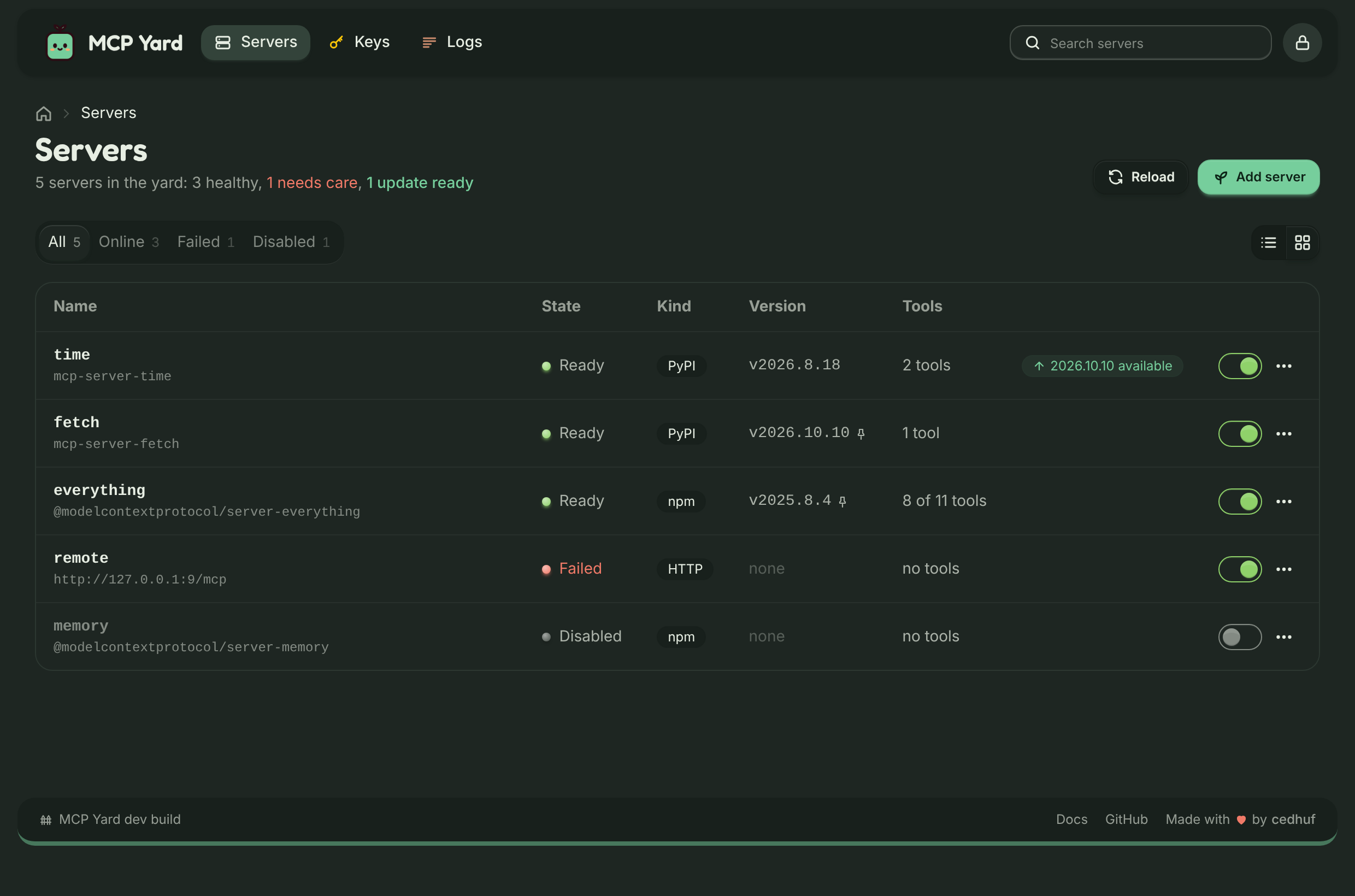 The servers page in list layout
