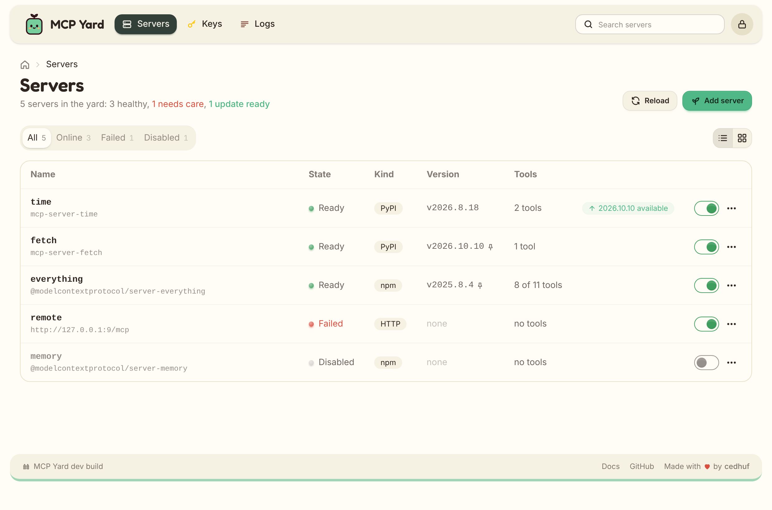 The servers page in list layout