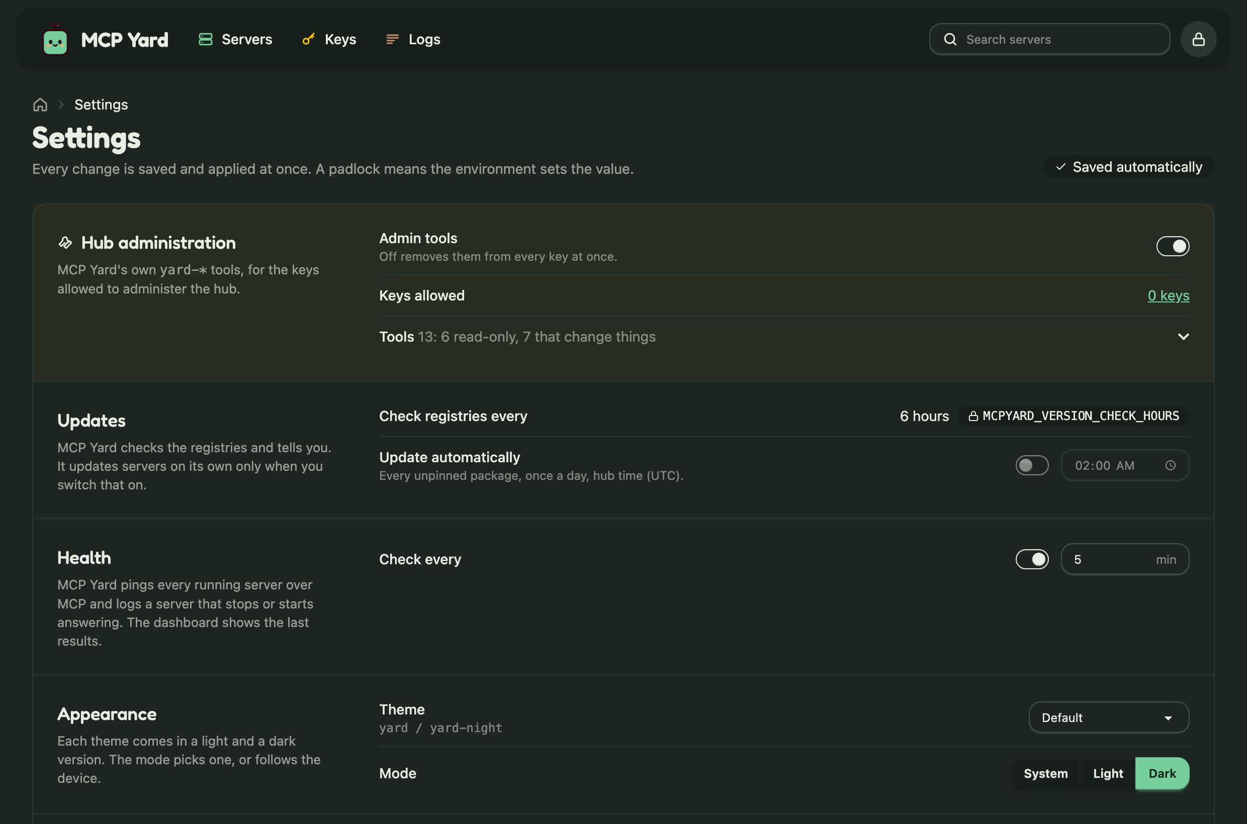 The settings page, with the check period locked by the environment