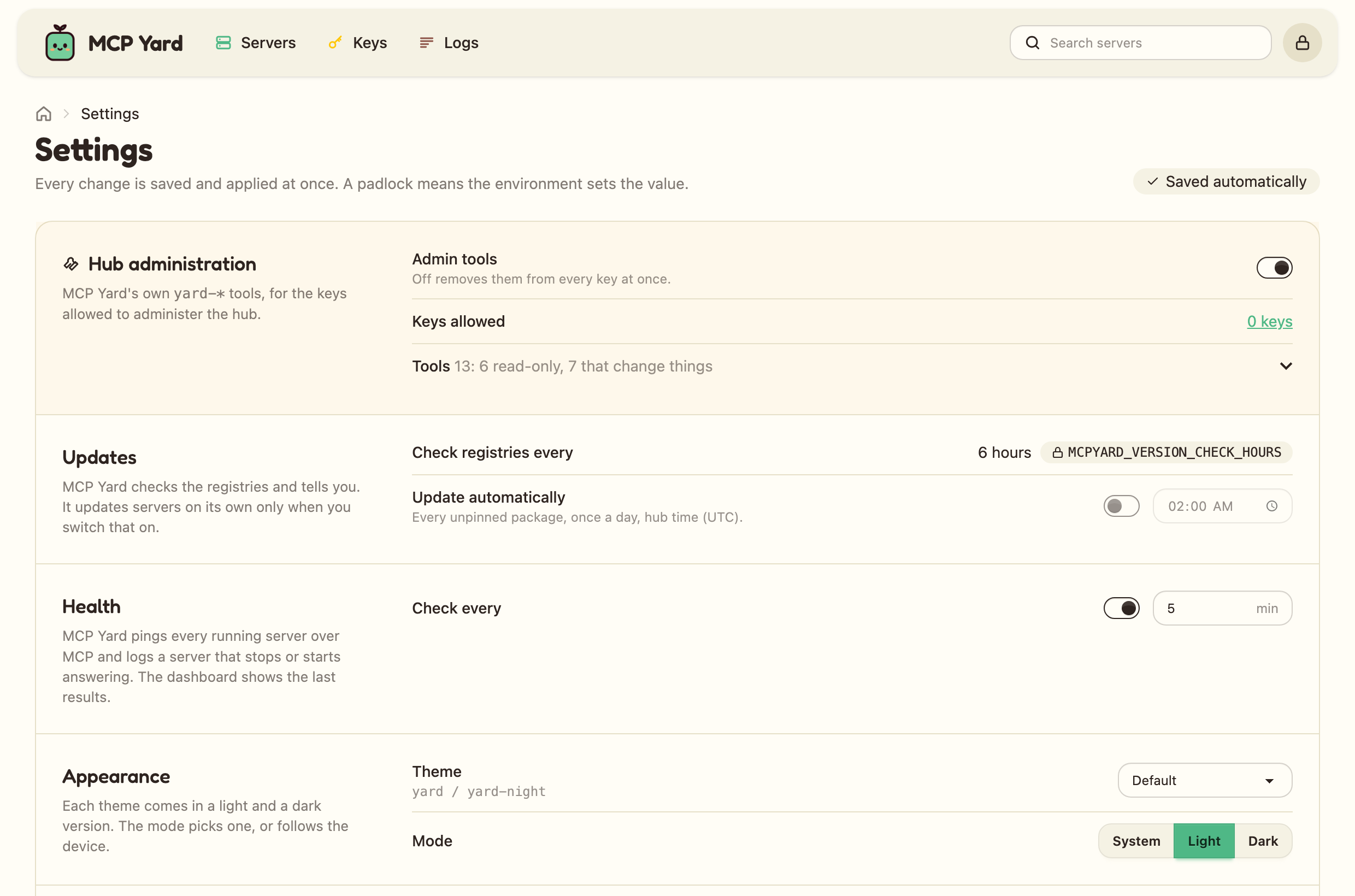 The settings page, with the check period locked by the environment